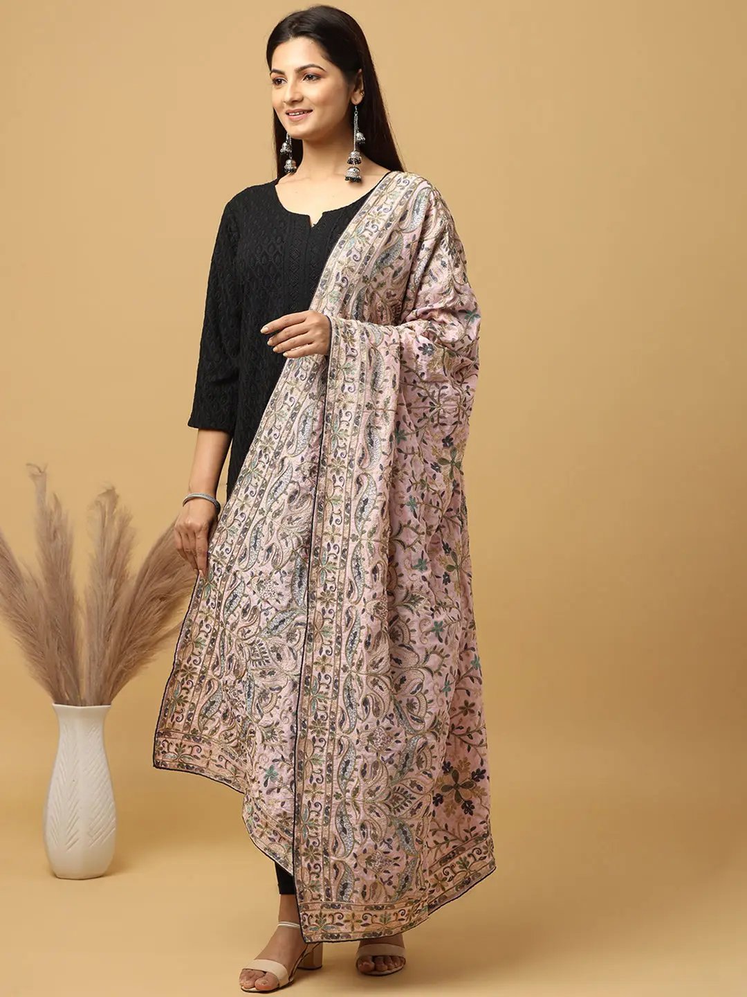 Light Pink Poly Chiffon Pashmina Threadwork Dupatta by My Store