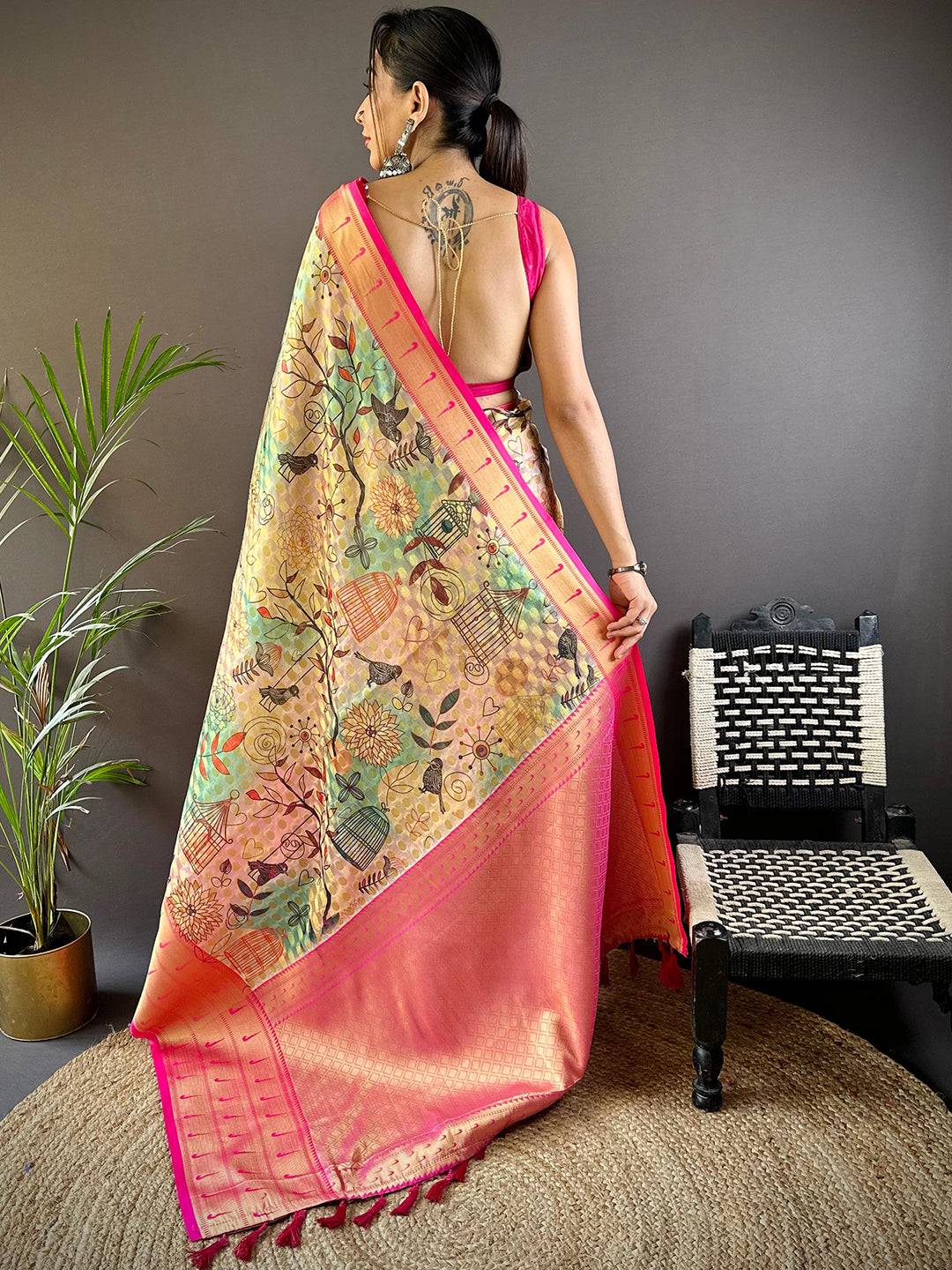 Multi Digital Paithani Kora Silk Saree by My Store