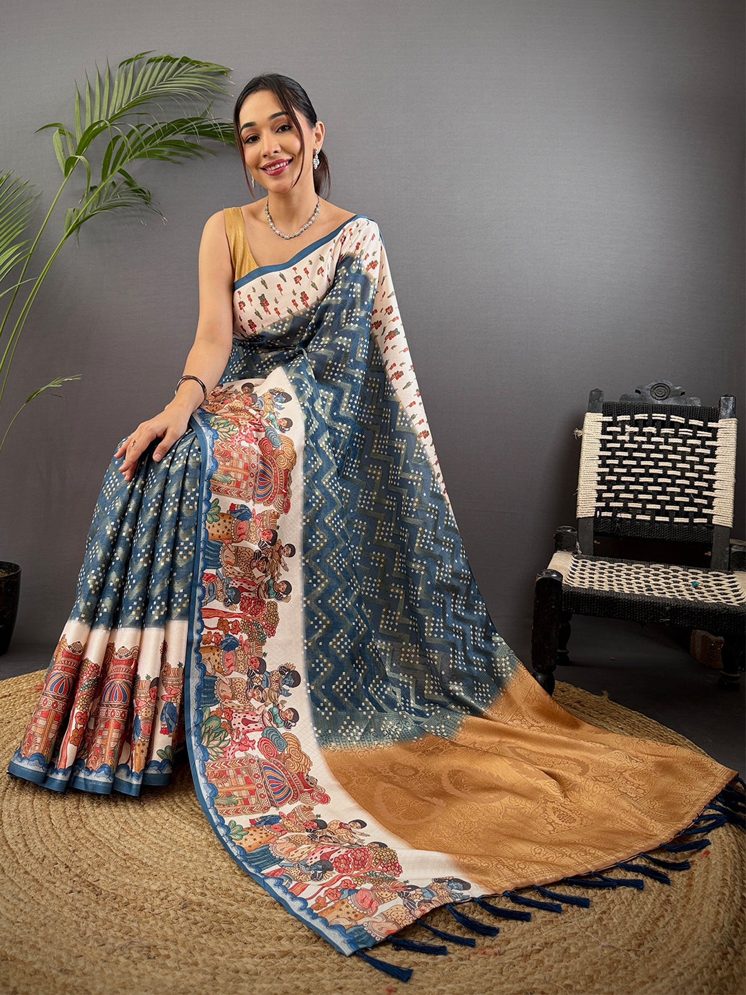 Teal Blue Madhubani Print Soft Silk Saree by My Store