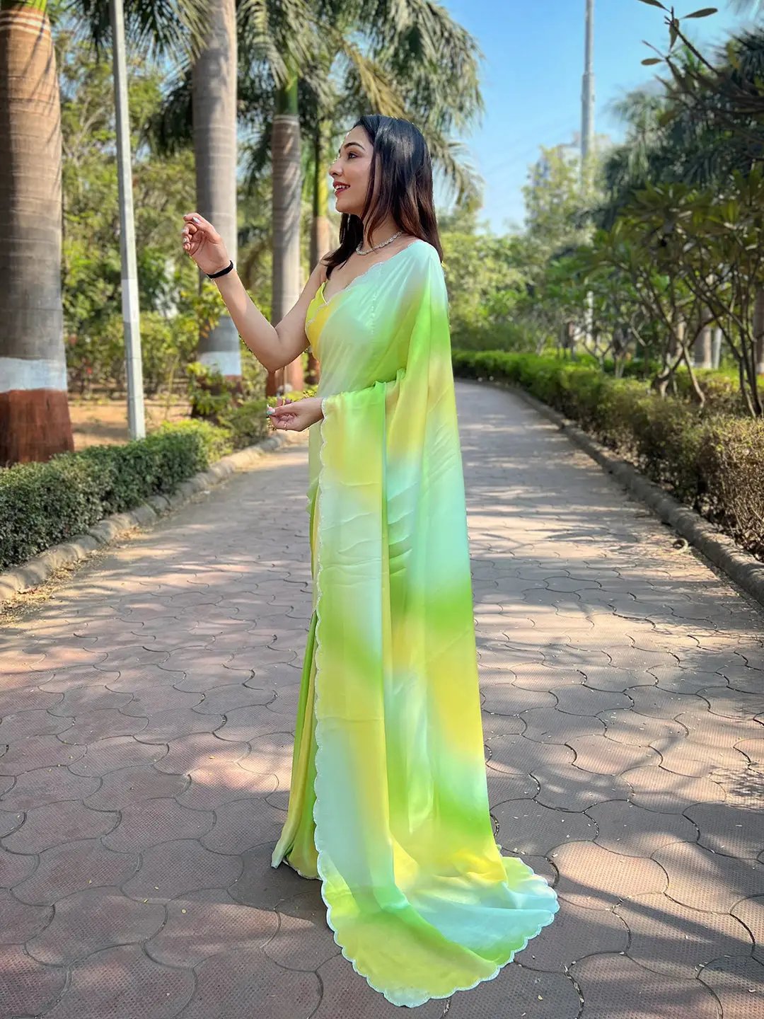 Pista Satin Georgette Saree