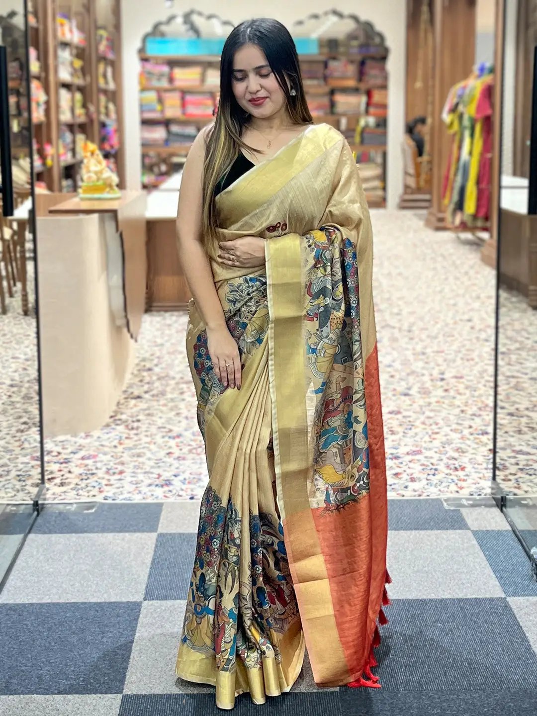 Incredible Pen Kalamkari Linen Tissue Soft Saree by My Store