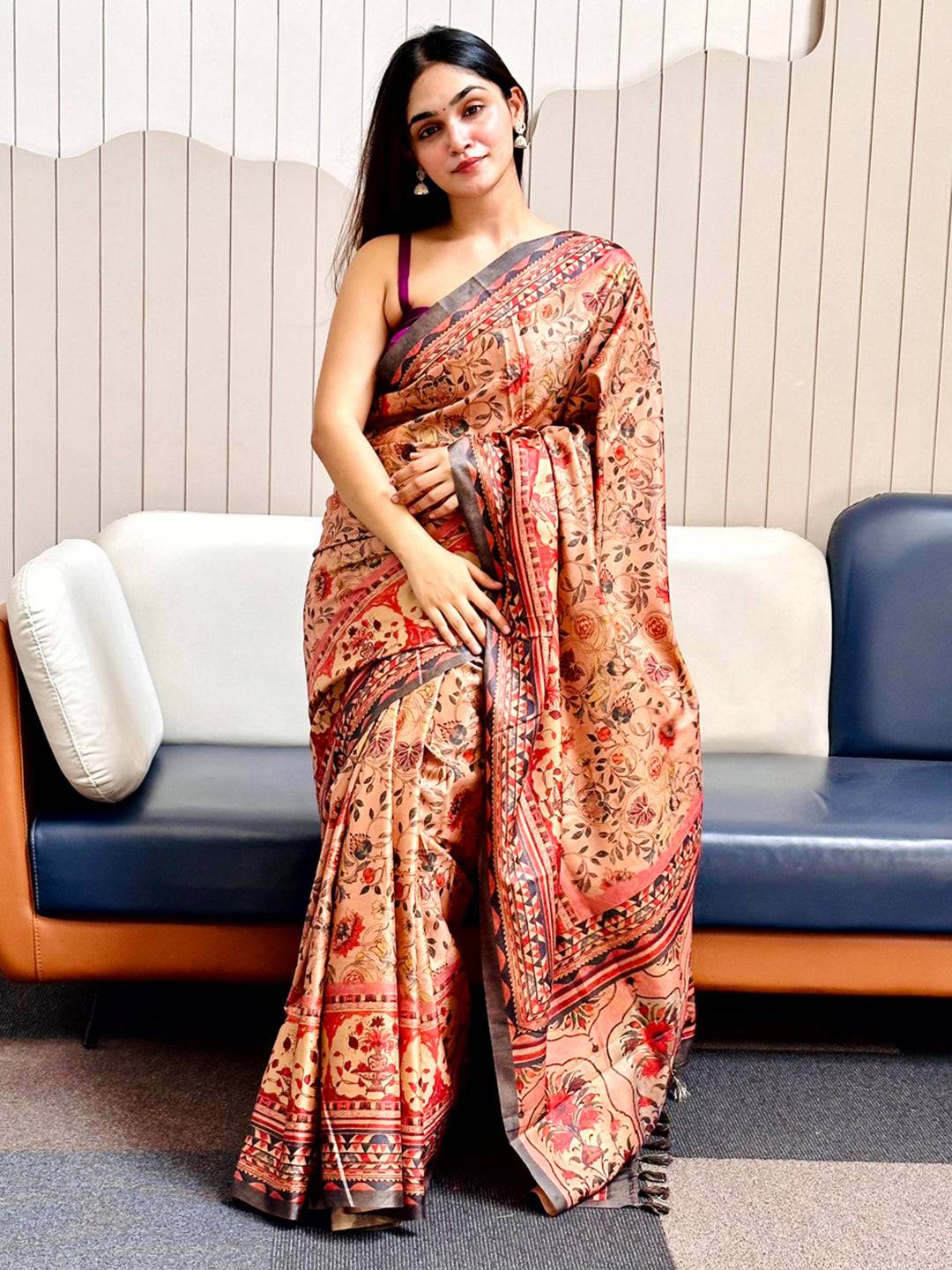 Peachy Pink Tussar Silk Flower Pashmina Print Saree by My Store