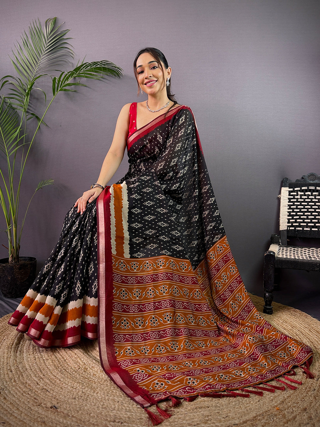 Black Pure Cotton Viscose Ikkat Print Saree