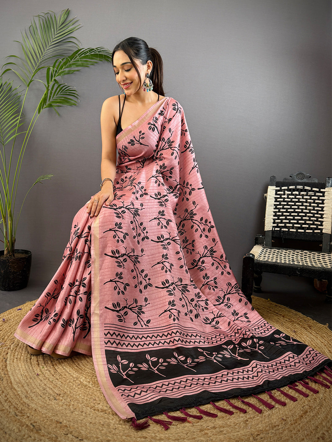 Rose Pink Ghicha Leaf Print Saree by My Store