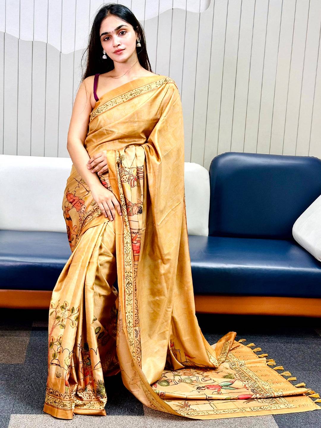 Gold Free Hand Kalamkari Print Saree by My Store