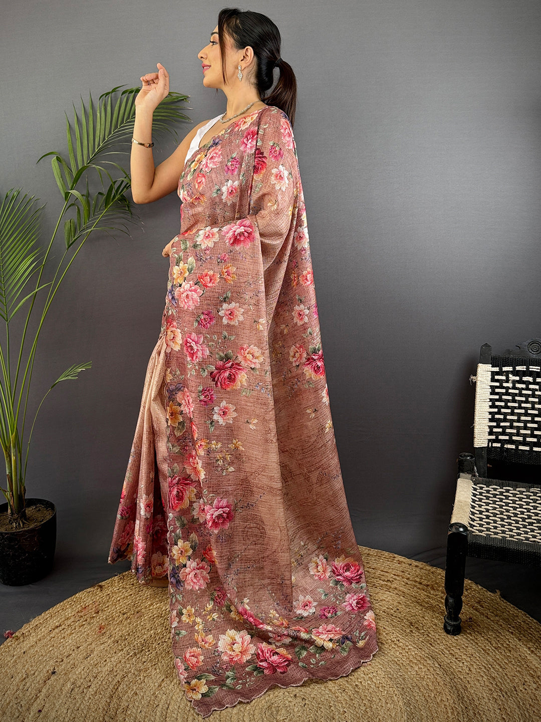 Light Brown Kota Doriya Floral Cut Work Saree by My Store