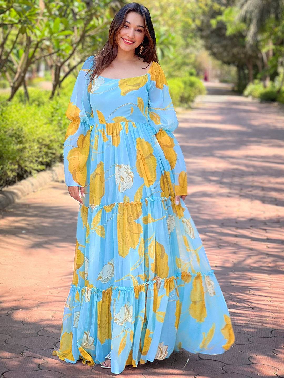 Sky Blue Floral Print Dress by My Store