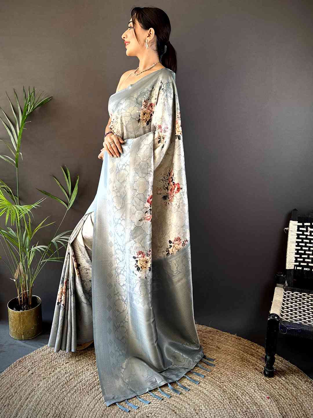 Pastel Blue Kanjivaram Digital Silk Saree by My Store