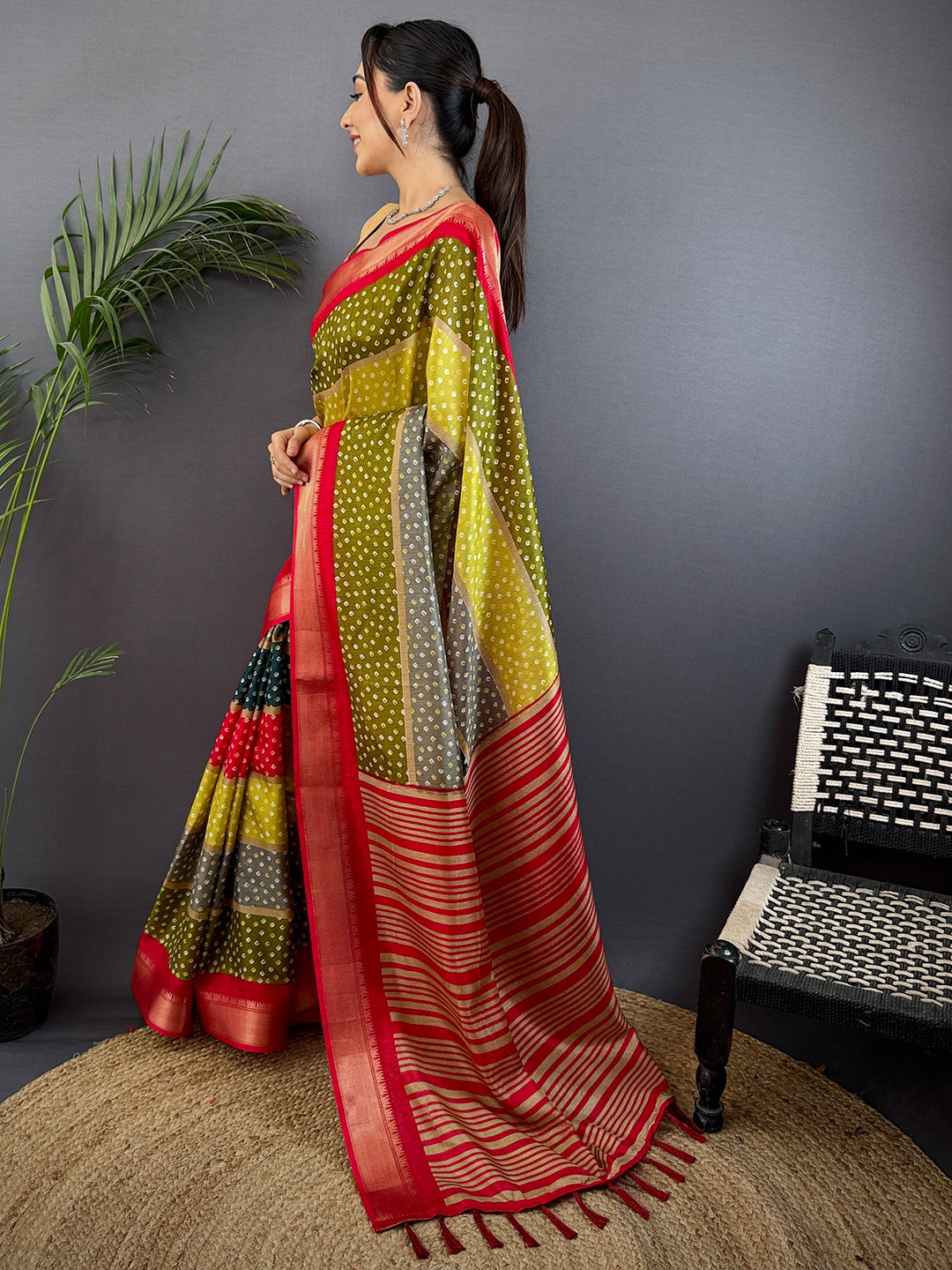 Red Soft Dola Bandhej Print Saree by My Store
