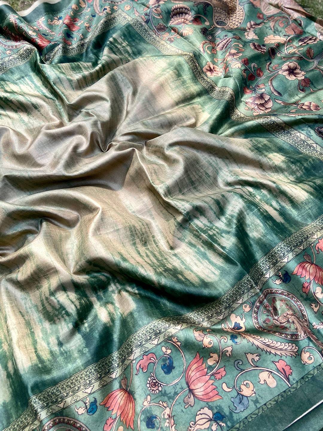 Green Colour Tussar Silk Saree With Batik and Kalamkari Print Border by My Store