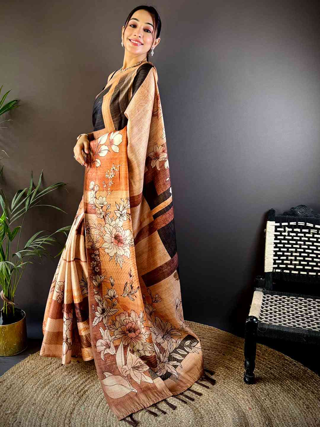 Petals Peach Tussar Zari Floral Saree by My Store