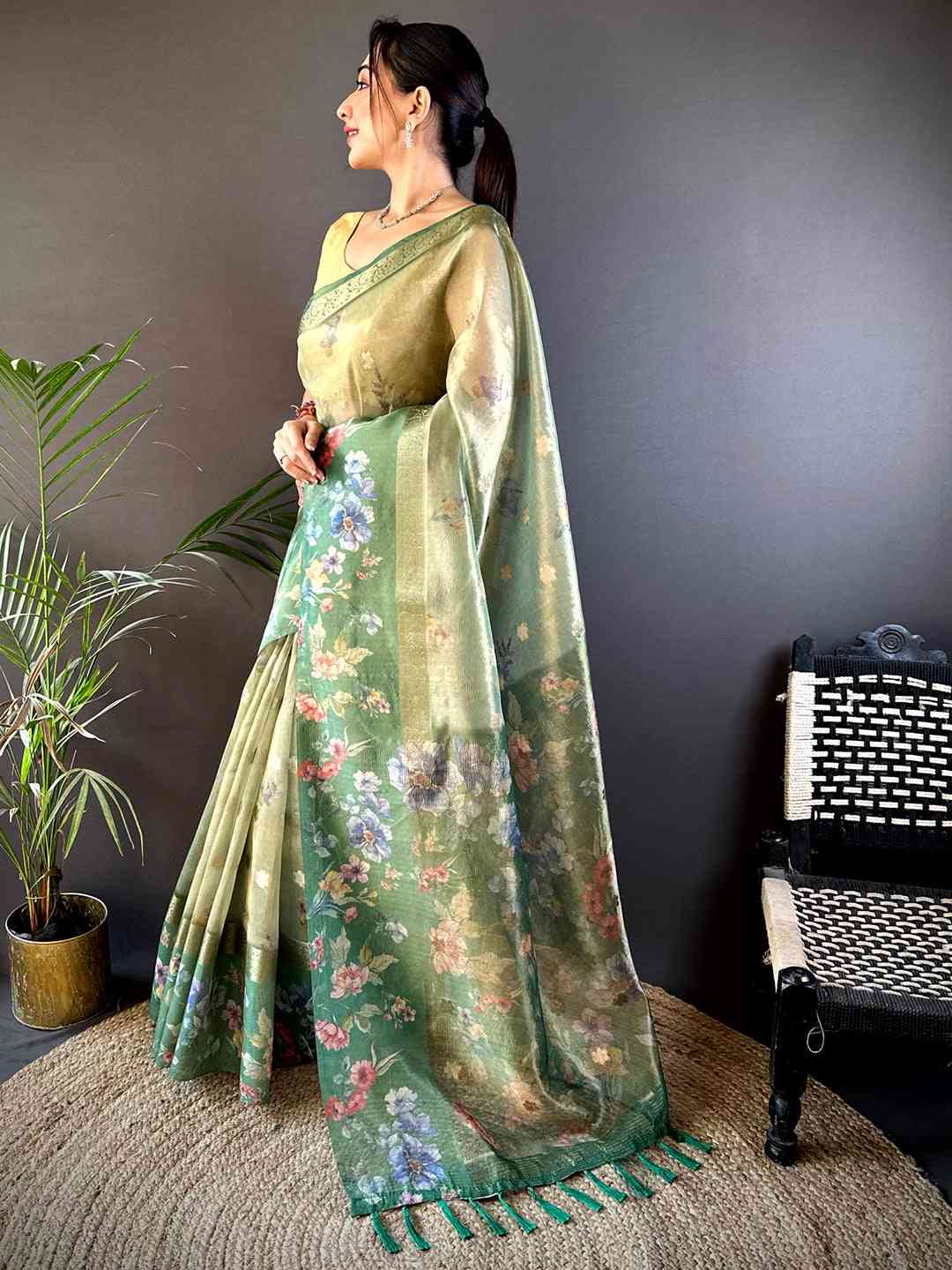 Dark Green Tissue Digital Floral Saree by My Store