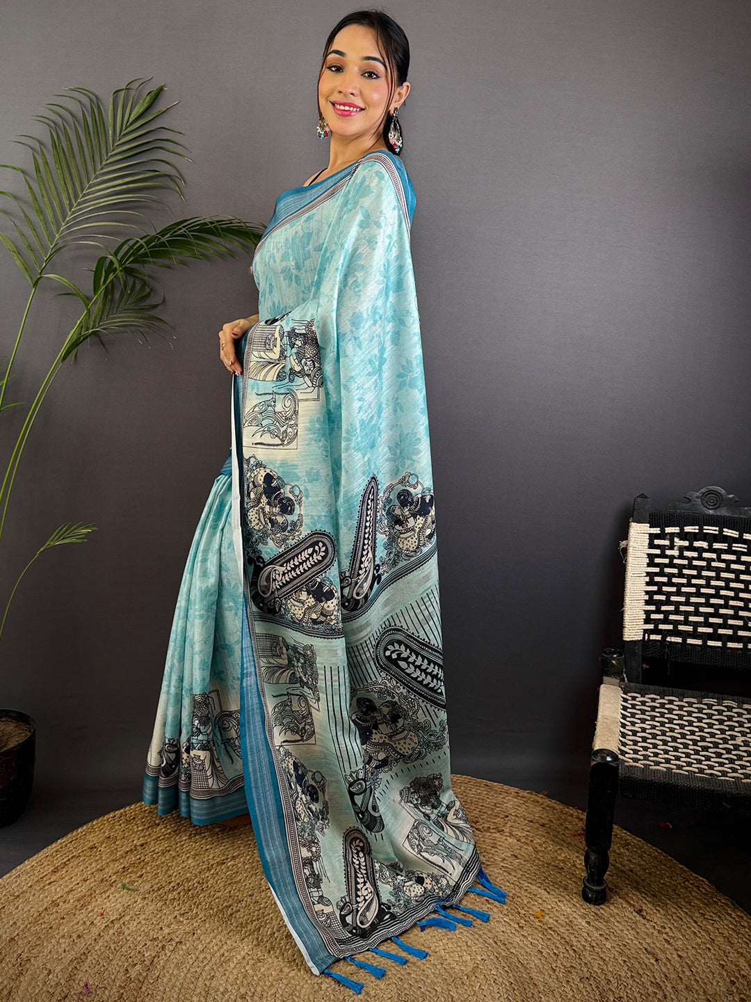 Sky Blue Linen Kalamkari Printed Saree by My Store