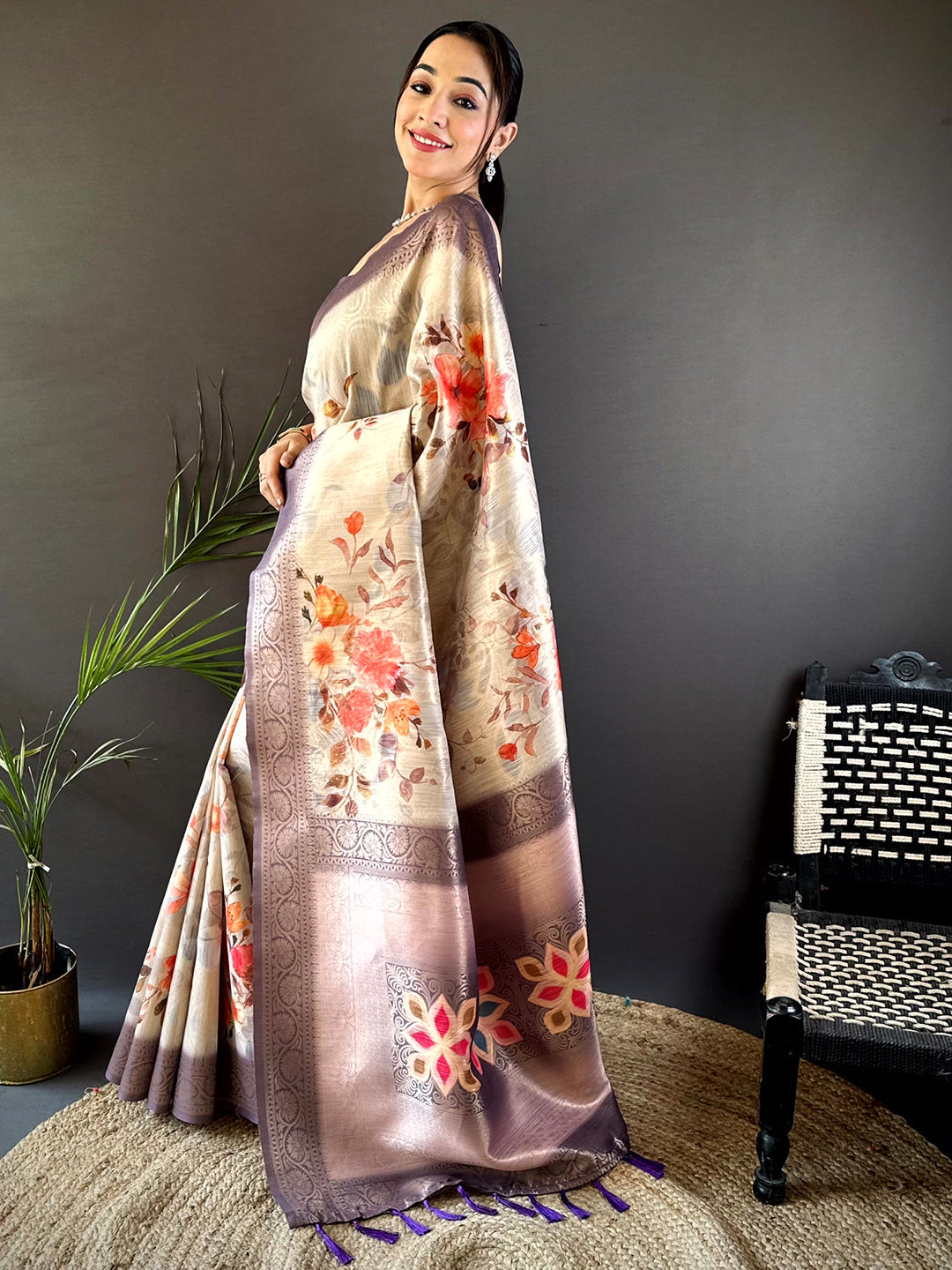 Ivory Slub Ghicha Placement Print Saree by My Store