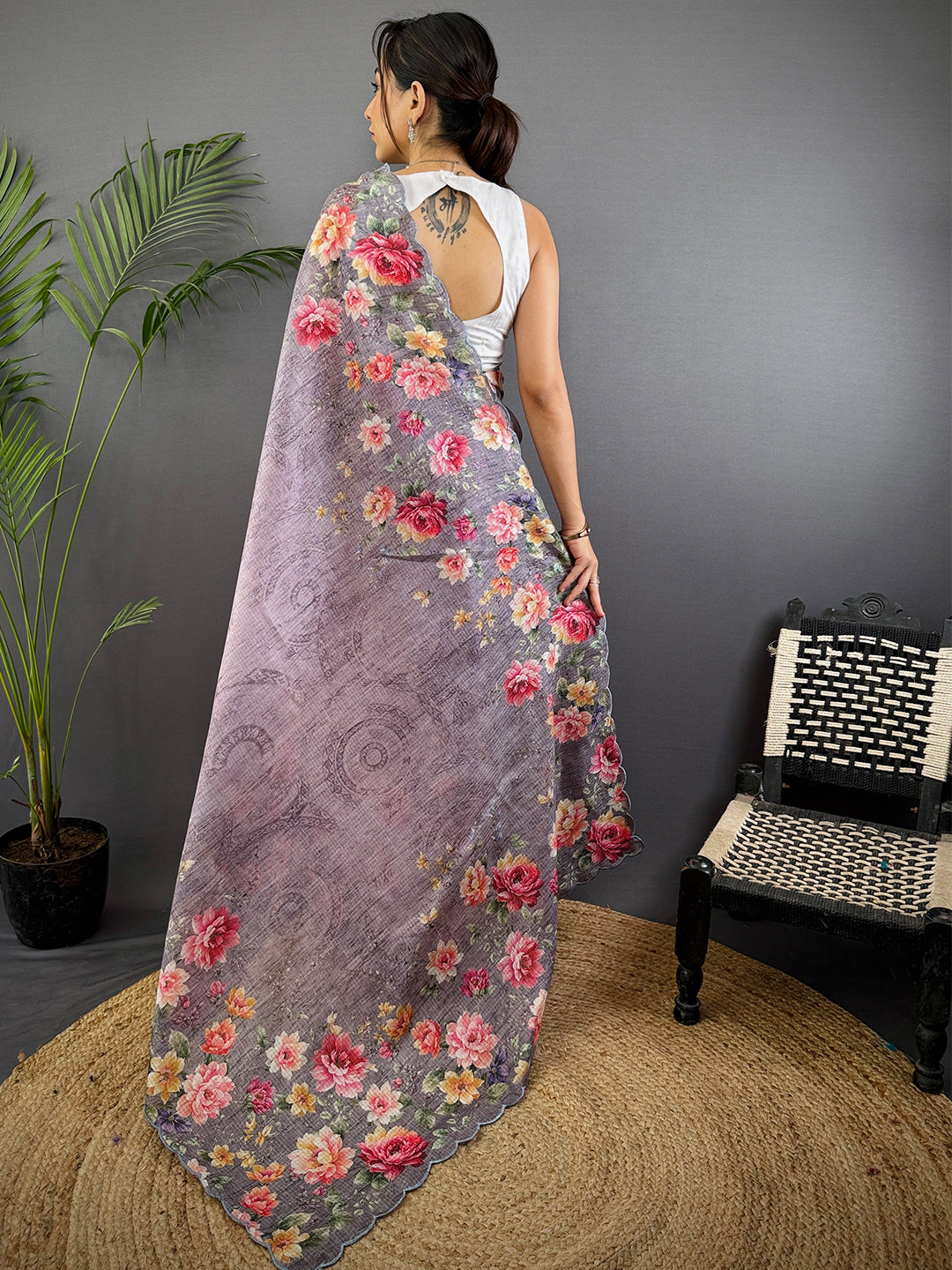 Dusty Lavender Floral Cut Work Kota Saree by My Store