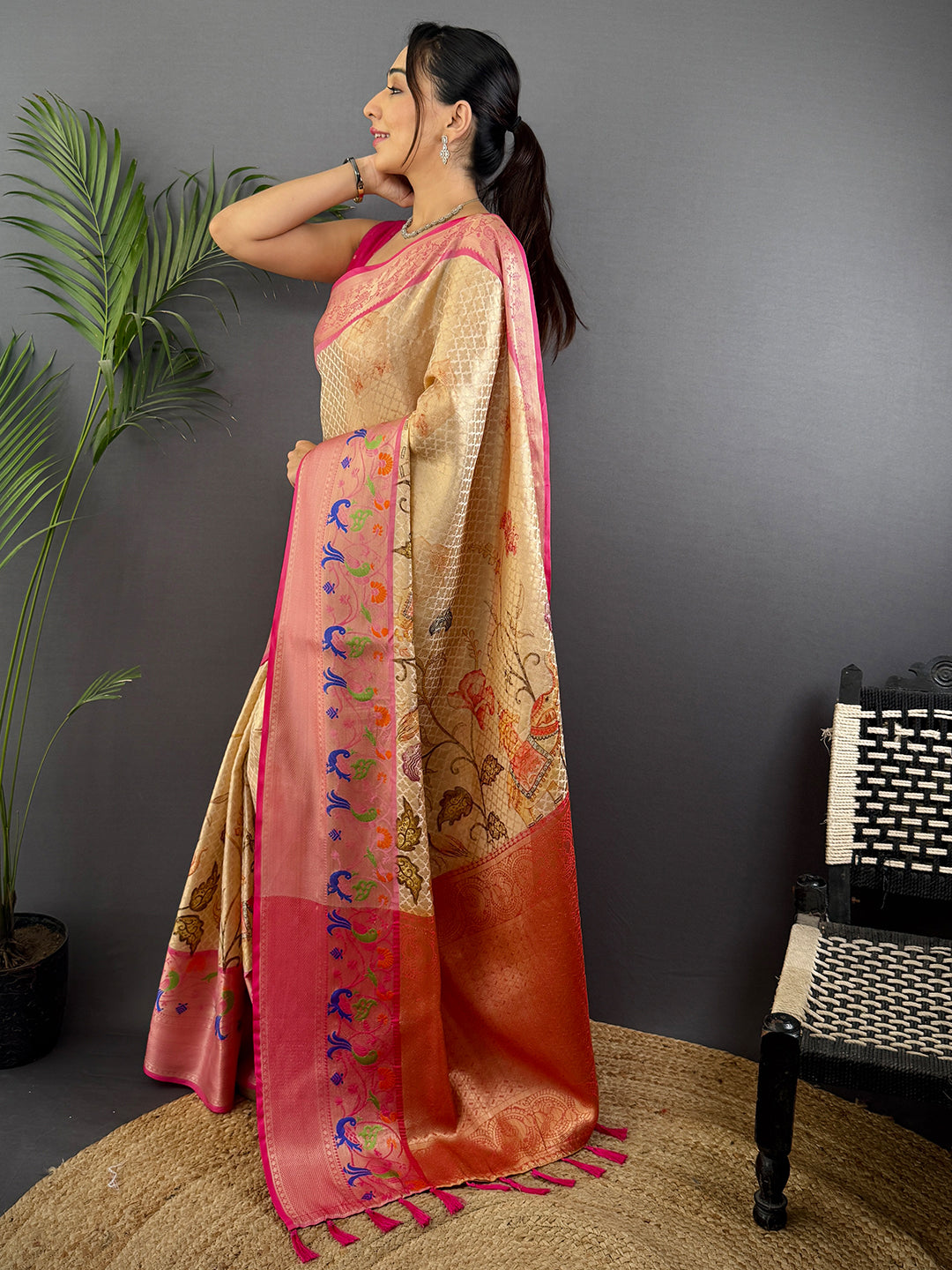 Elegant Kora Muslin Floral Kalamkari Saree by My Store