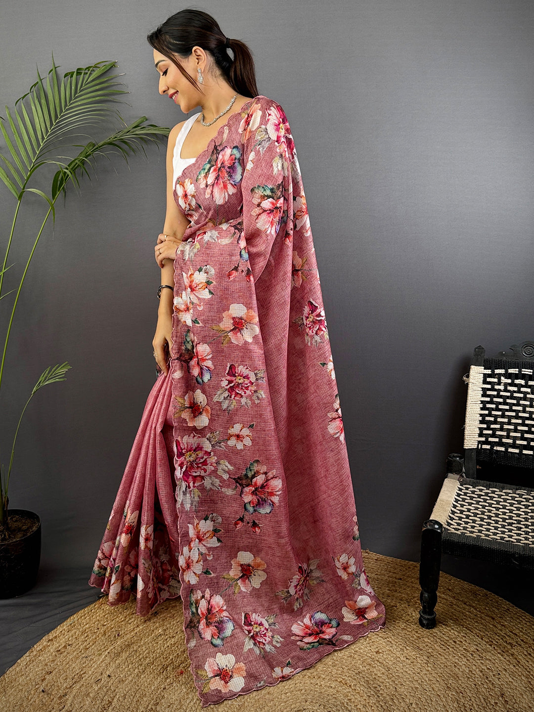 Blush Pink Kota Floral Digital Cut Work Saree by My Store