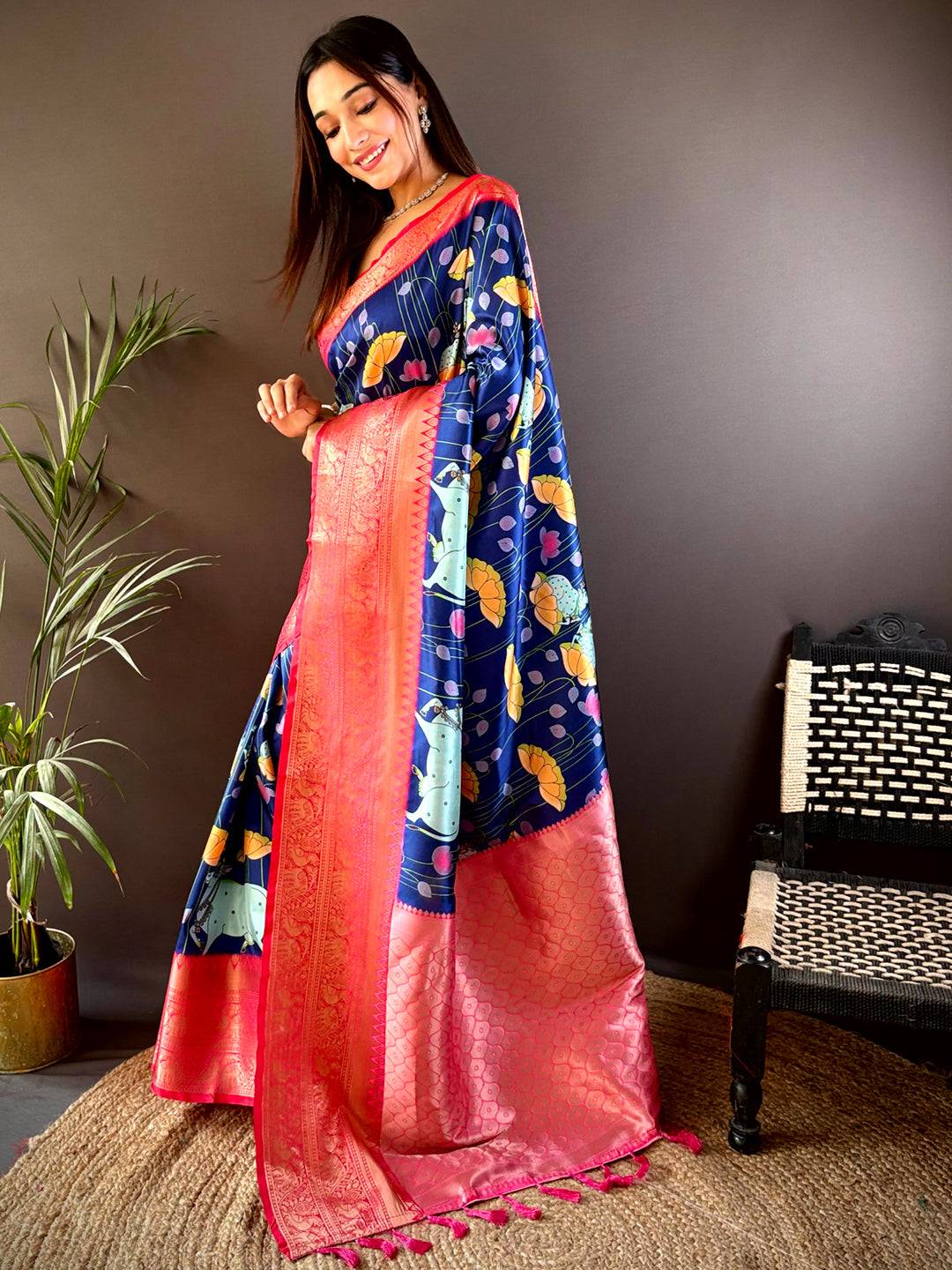 Navy Blue Soft Silk Saree With Pichwai Kalamkari Print by My Store