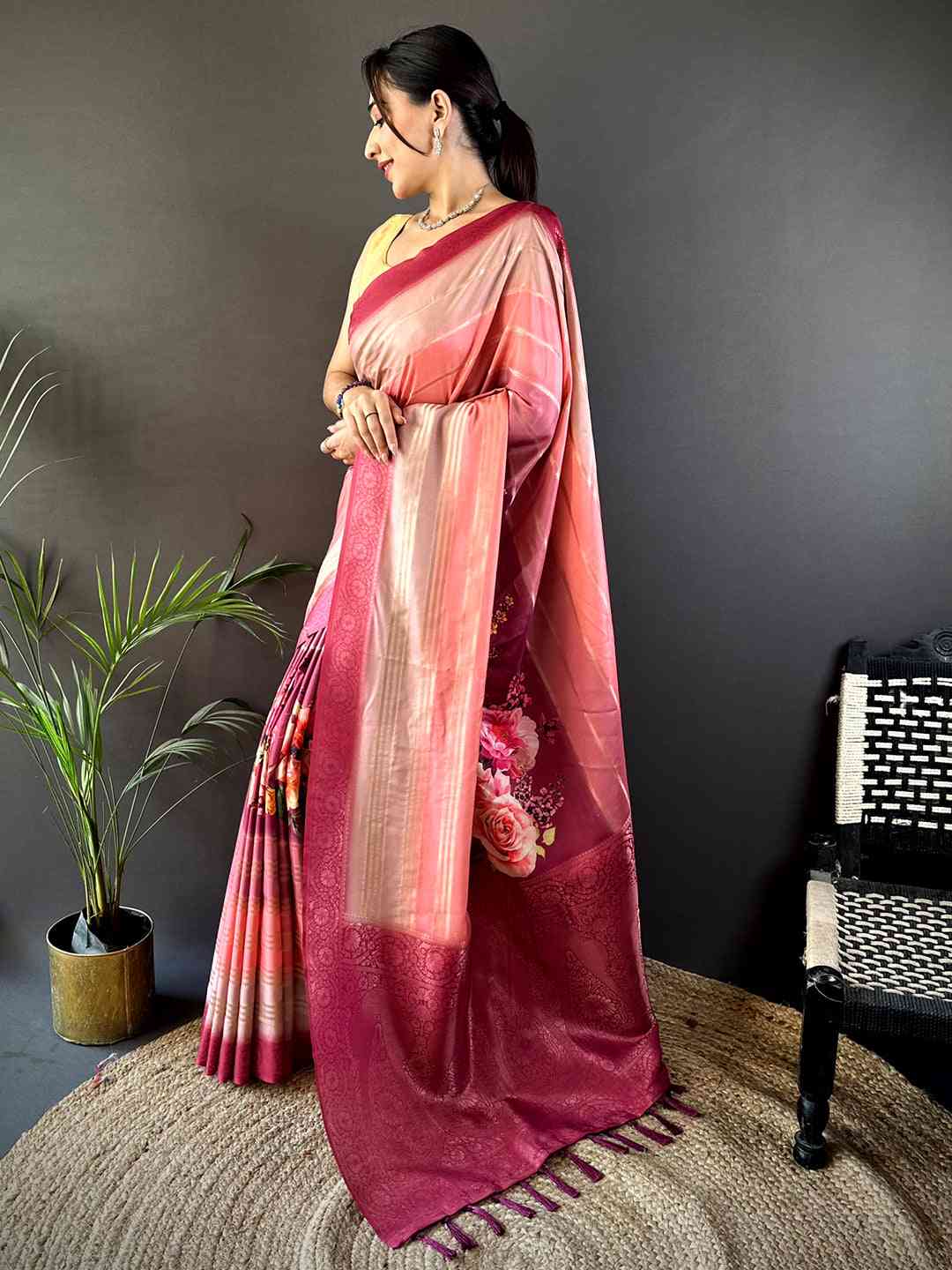 Coral Kalamkari Ombre Crepe Silk Saree by My Store