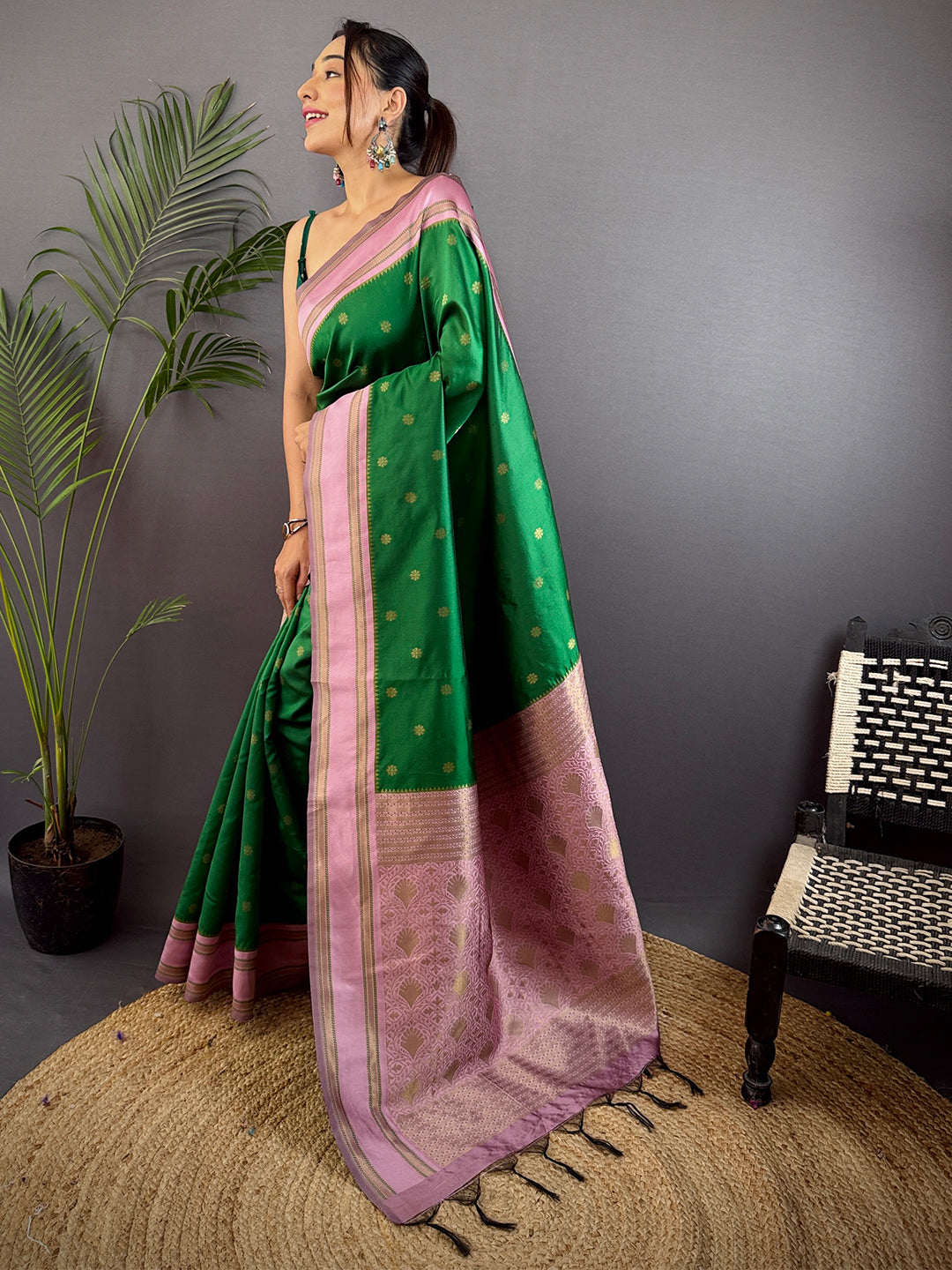 Green Silk Blend Floral Saree by My Store