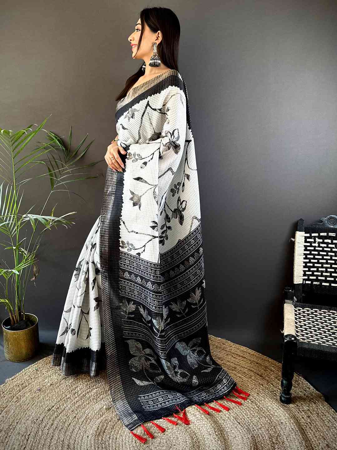 Kalamkari Black Check Tissue Chanderi Saree