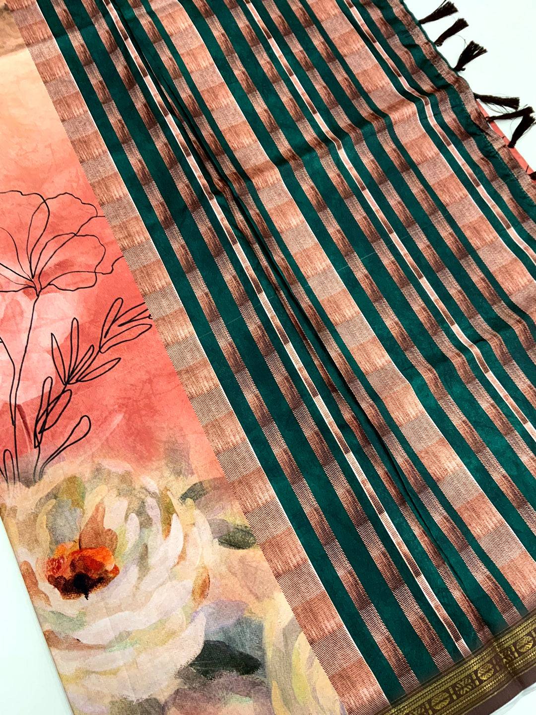 Peach Soft Silk Watercolor Floral Print Saree by My Store
