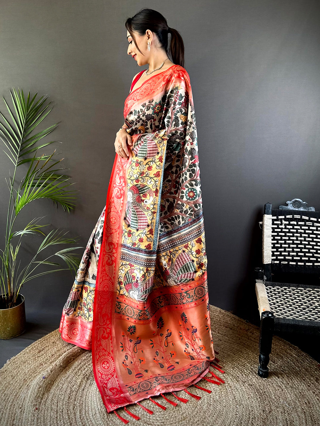 Cream Yevla Pathani Soft Silk Saree by My Store