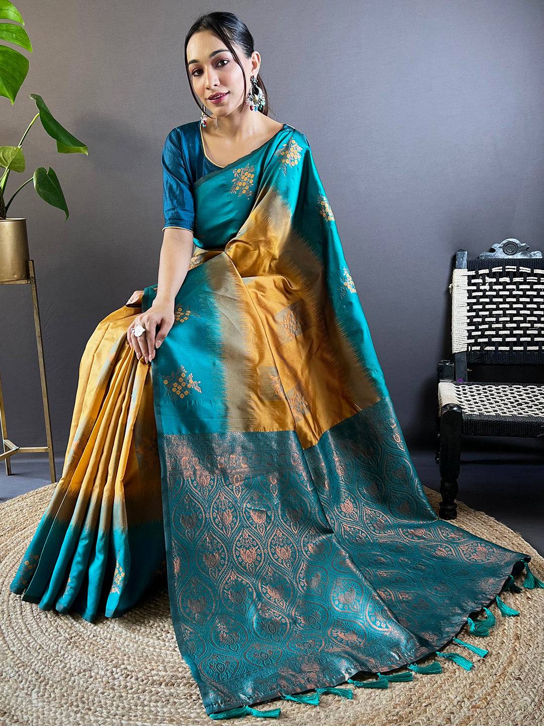 Mustard Sami Banarasi Tussar Silk Saree by My Store