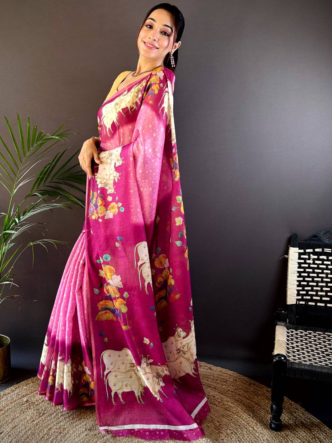 Pink Chanderi Pichwai Print Saree by My Store