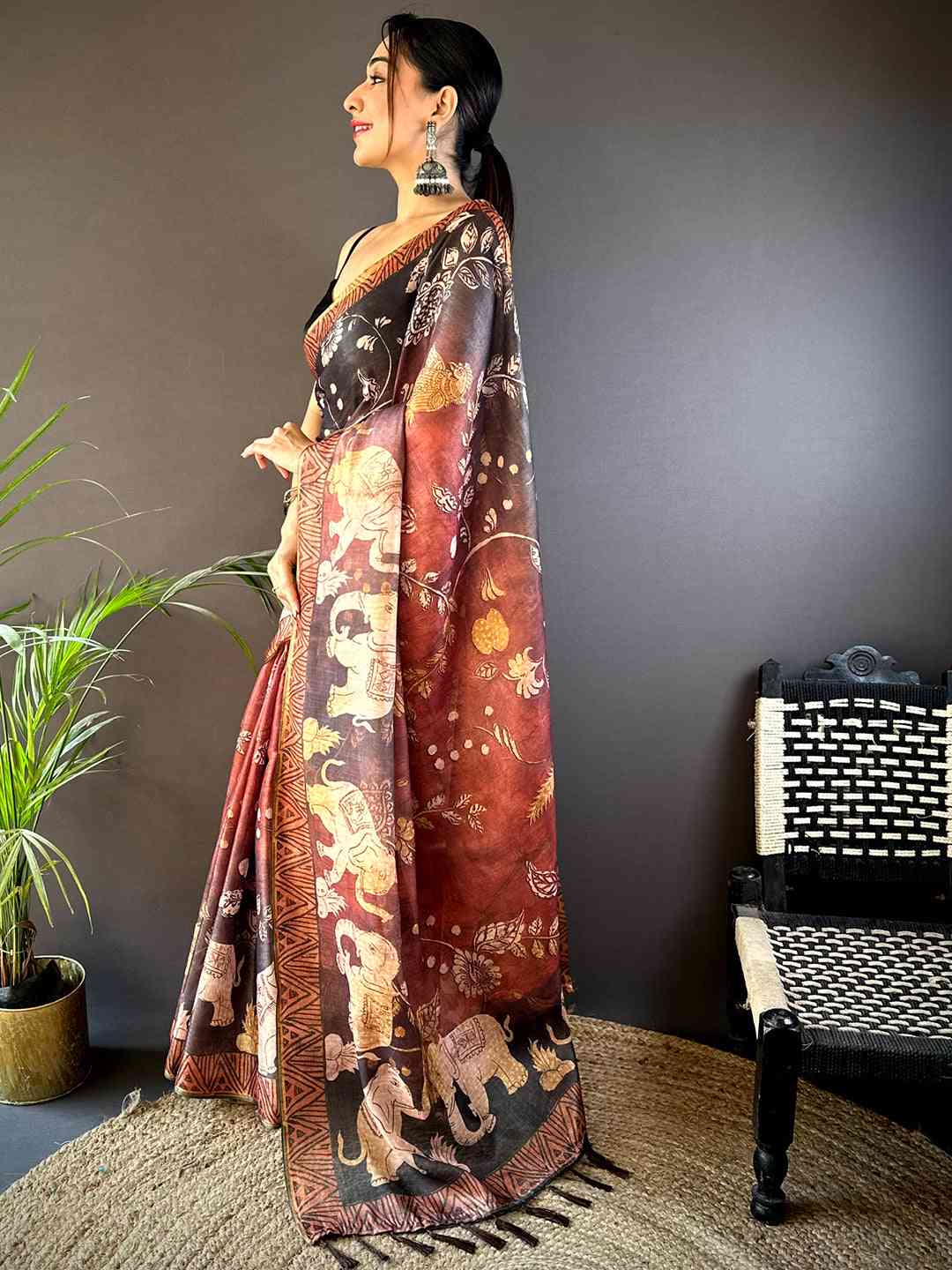 Red Kalamkari Block Print Chanderi Saree by My Store