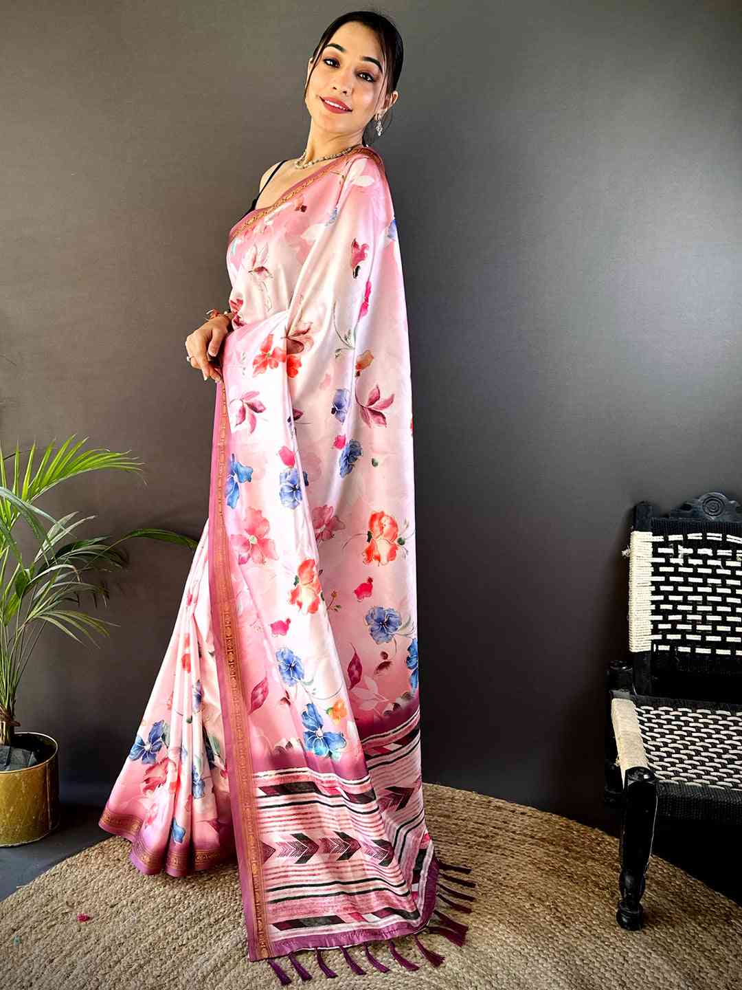Blush Pink Floral Digital Print Silk Saree by My Store
