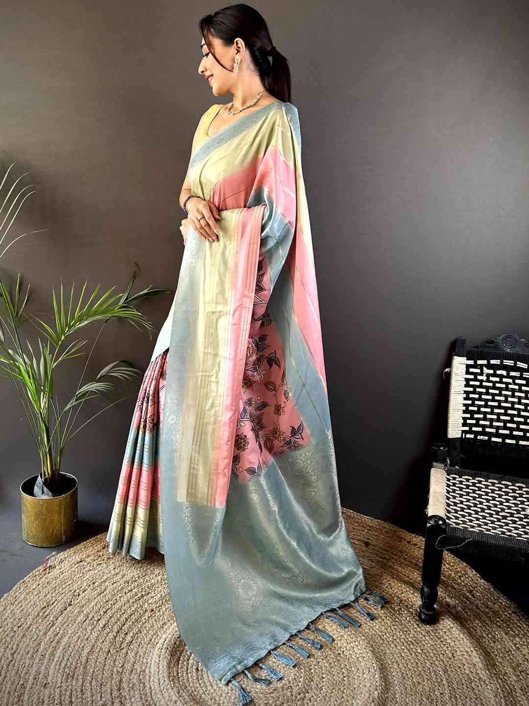 Multi Kalamkari Ombre Crepe Silk Saree by My Store