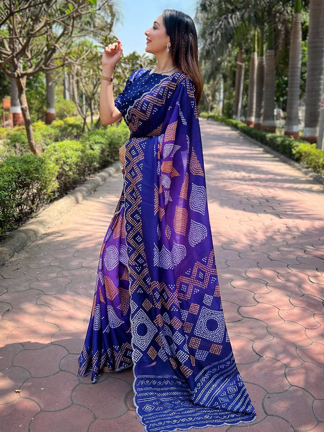 Indigo Georgette Silk Saree with Ombre Bandhej Print & Swaroski Stone Work by My Store