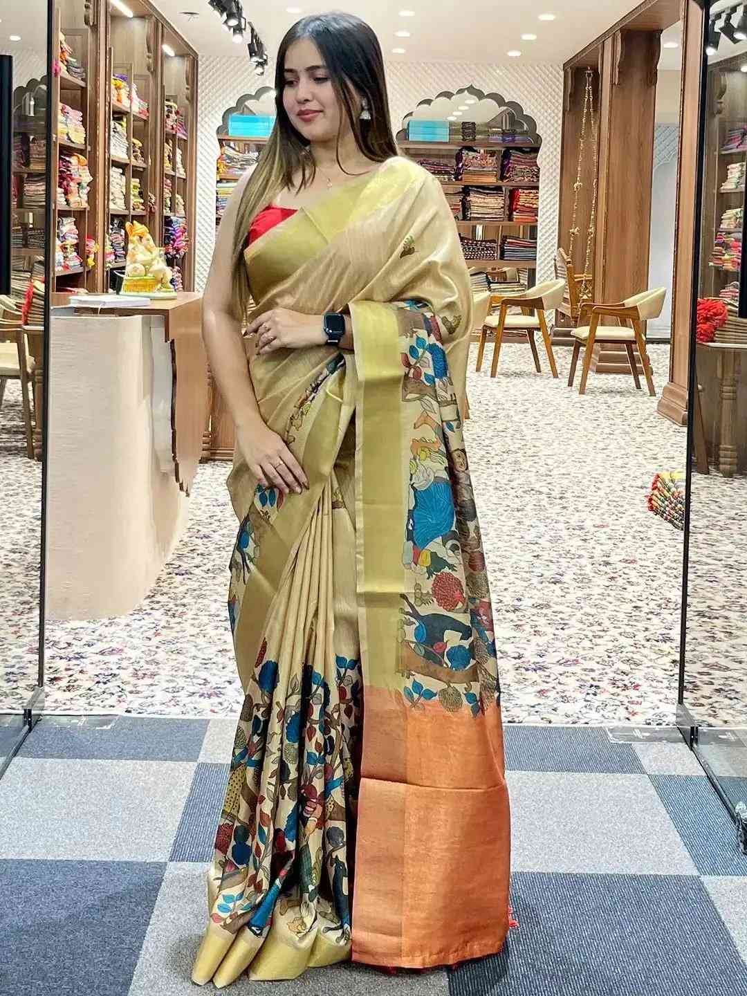 Incredible Pen Kalamkari Linen Tissue Soft Saree by My Store