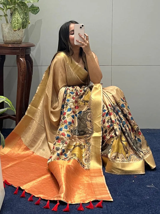 Incredible Pen Kalamkari Linen Tissue Soft Saree by My Store