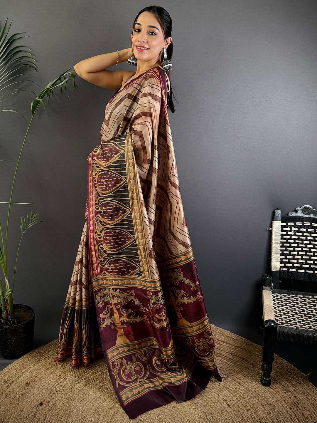 Beige Soft Dola Silk Printed Saree