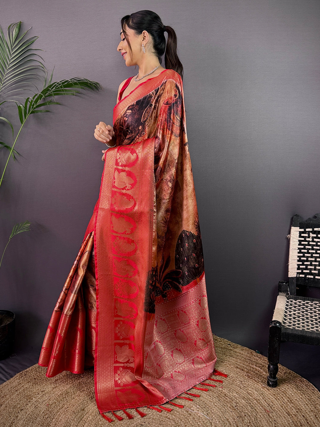 Heritage Soft Cherry Satin Kalamkari Print Saree by My Store