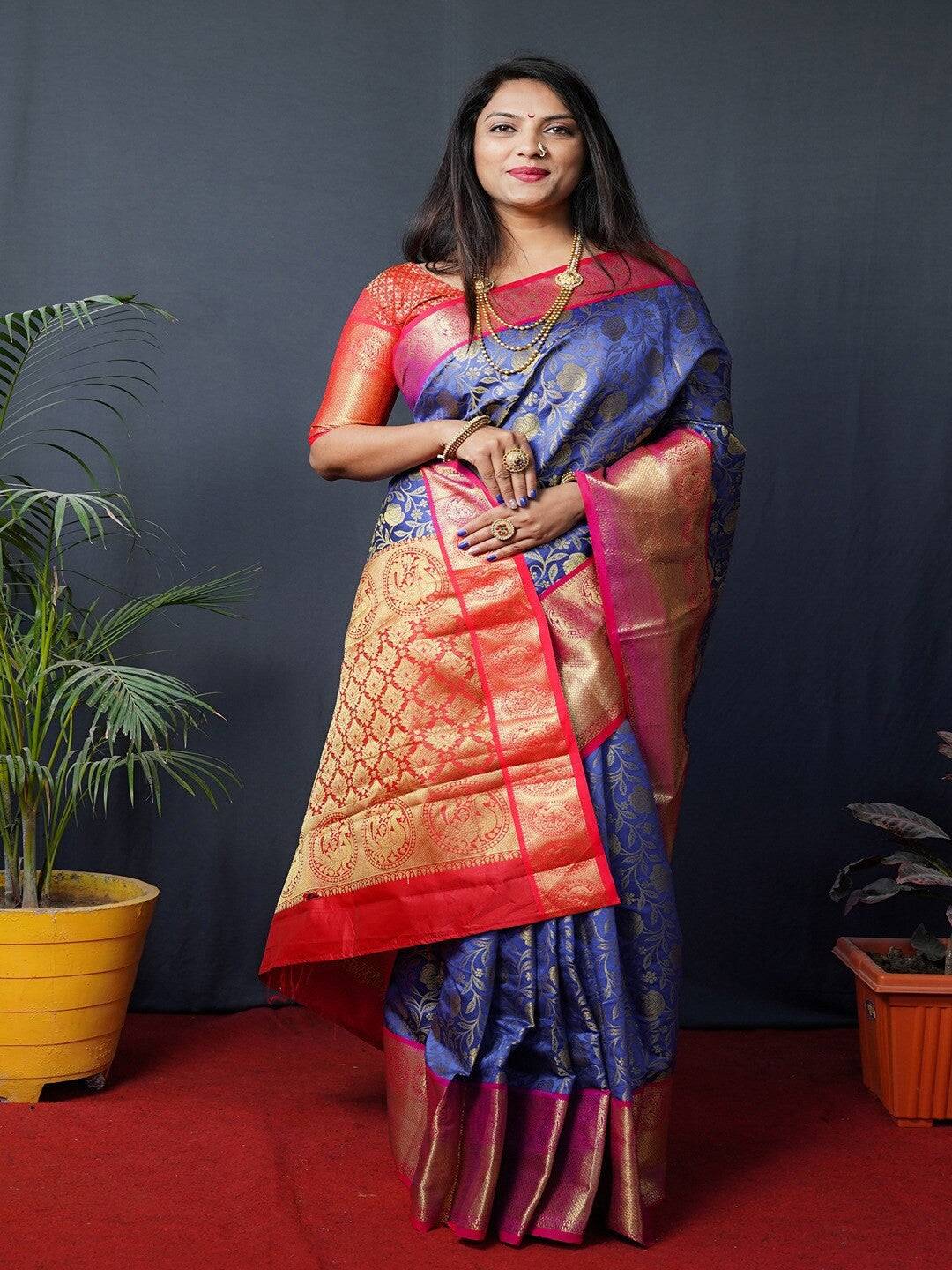 Royal Blue Floral Zari Banarasi Kanjivaram Silk Saree by My Store