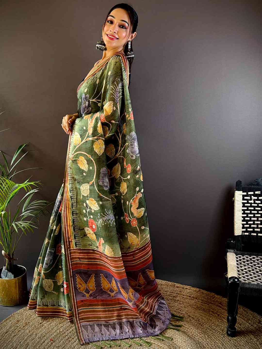 Dark Green Tissue Chanderi Kalamkari Saree by My Store
