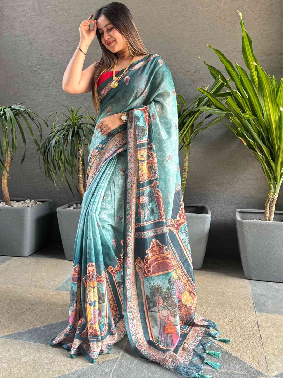 Turquoise colour Linen Saree With Digital Print And Majestic Border