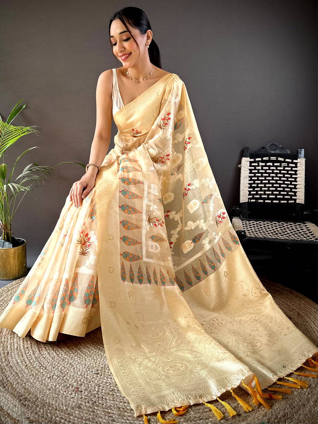 Cream Lakhani Cotton Kalamkari Print Saree by My Store