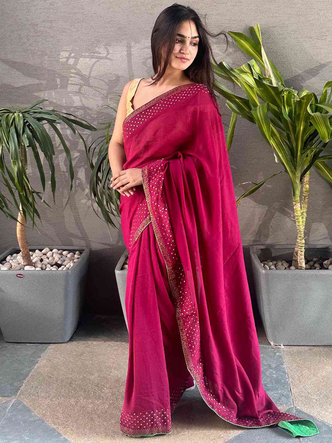 Wine colour Vichitra Silk Saree With Embellish Swarovski Stone work