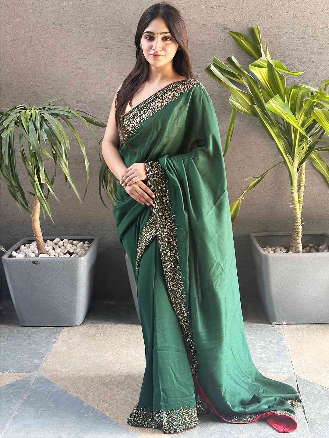 Green colour Vichitra Silk Saree With Embellish Swarovski Stone work by My Store