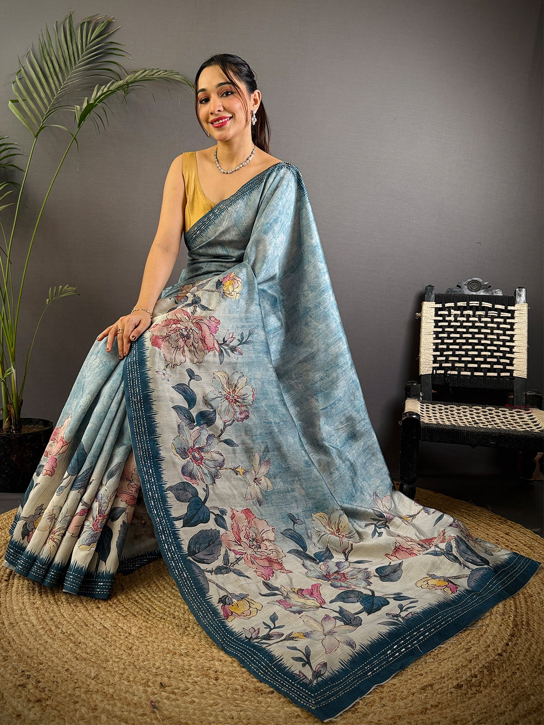 Blue Soft Tussar Silk Digital Floral Saree