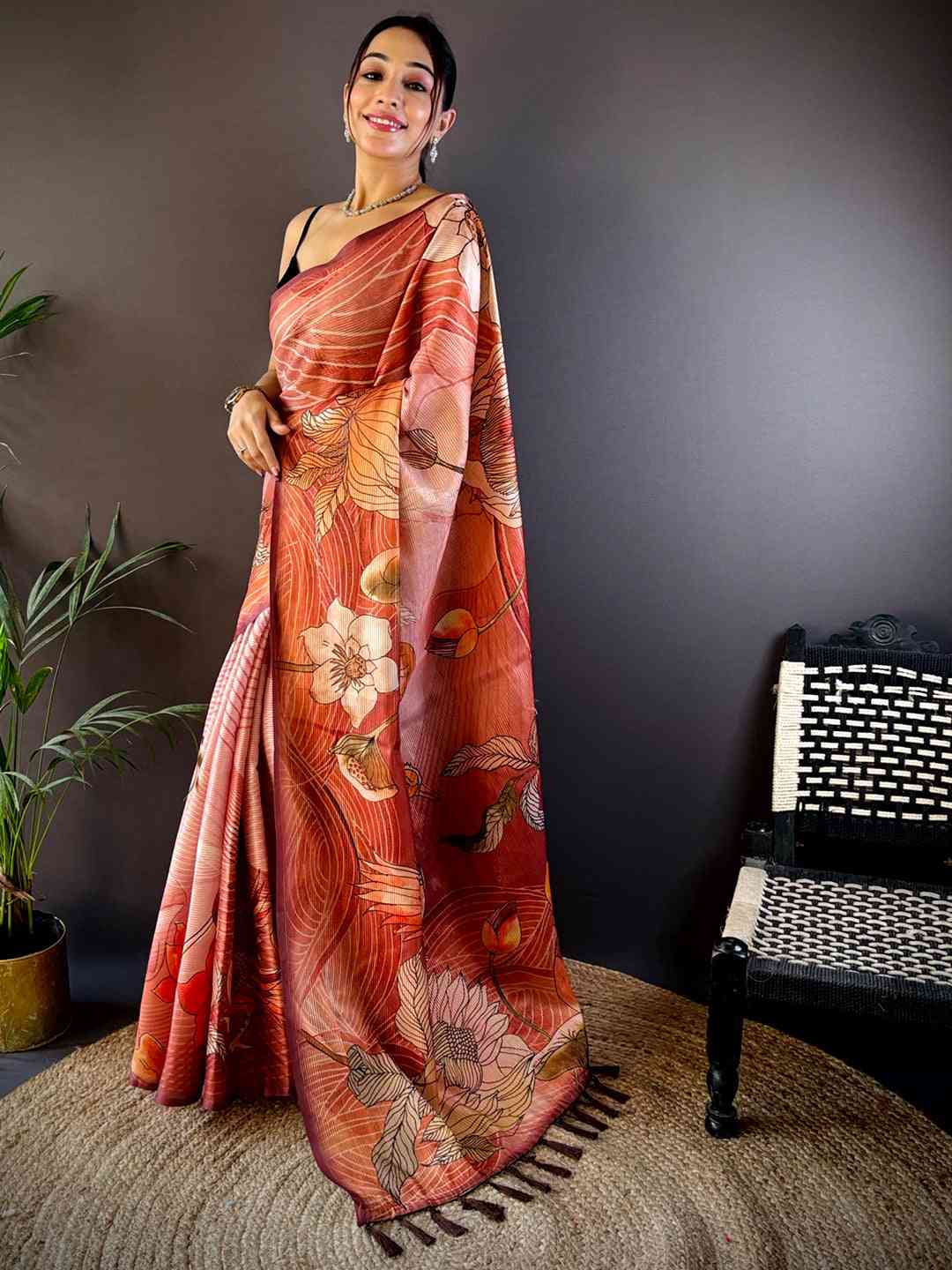 Flame Red Semi Zari Tussar Botanical Saree by My Store
