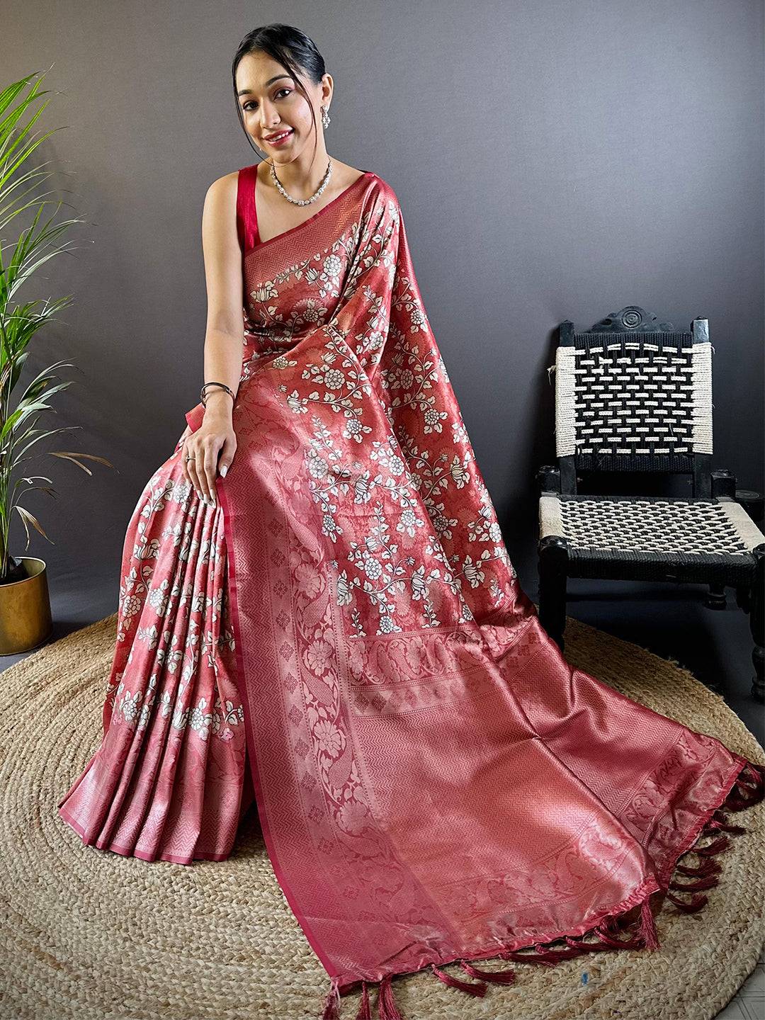 Rose Red Digital Print Silk Saree by My Store