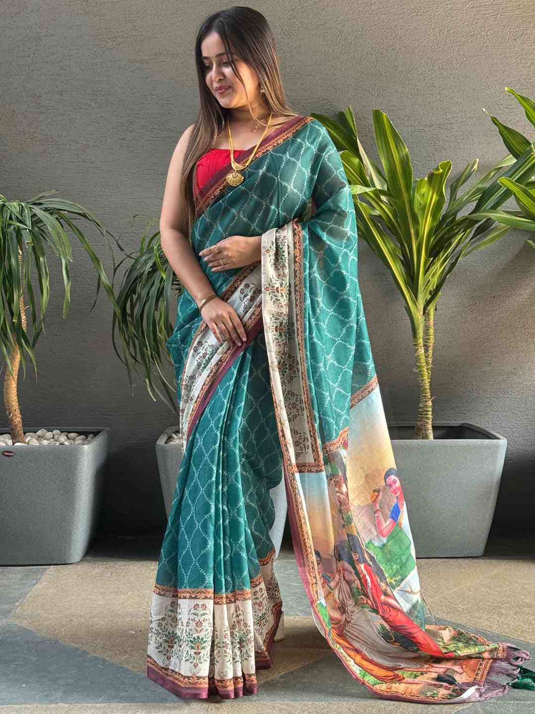 Teal Colour Ikkat Print Saree With kalamkari Block Print Design by My Store