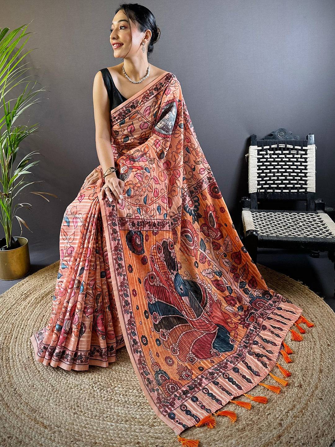 Peach Blossom Kalamkari Saree by My Store
