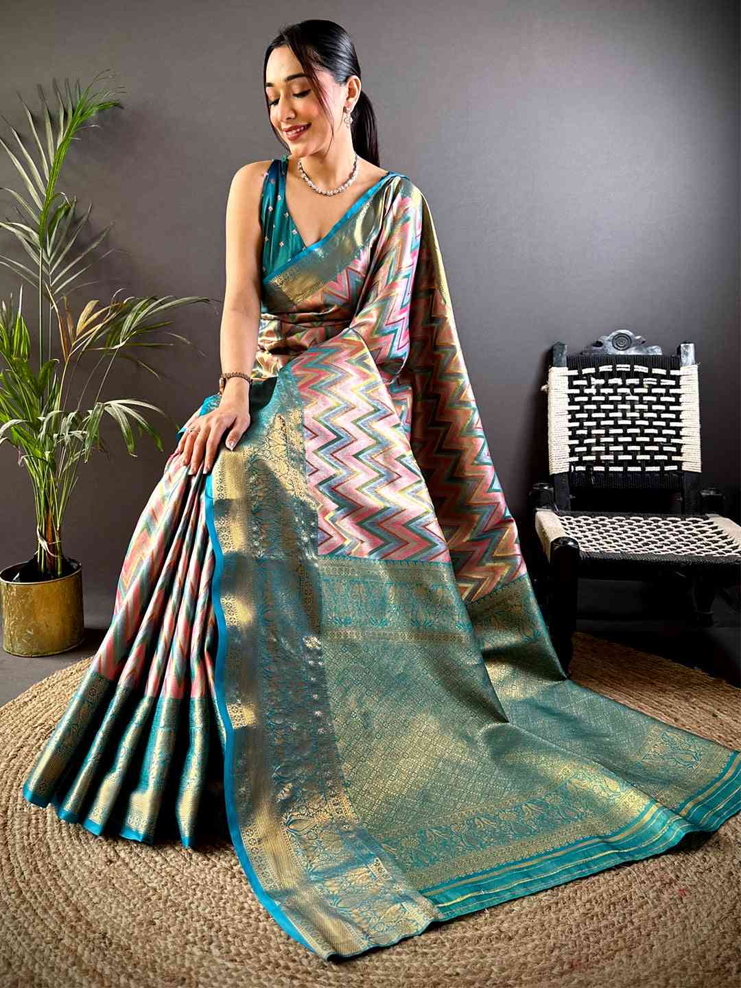Radiant Rama Zigzag Dharmavaram Silk Saree by My Store