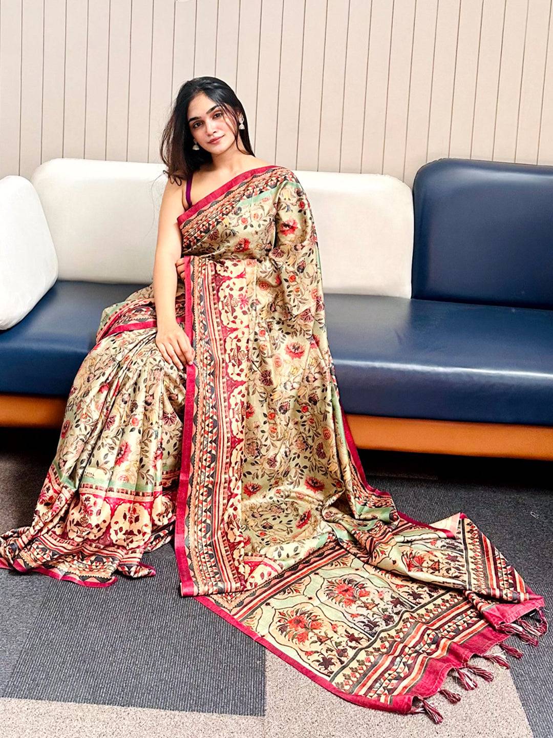 Pista Tussar Silk Flower Pashmina Print Saree by My Store